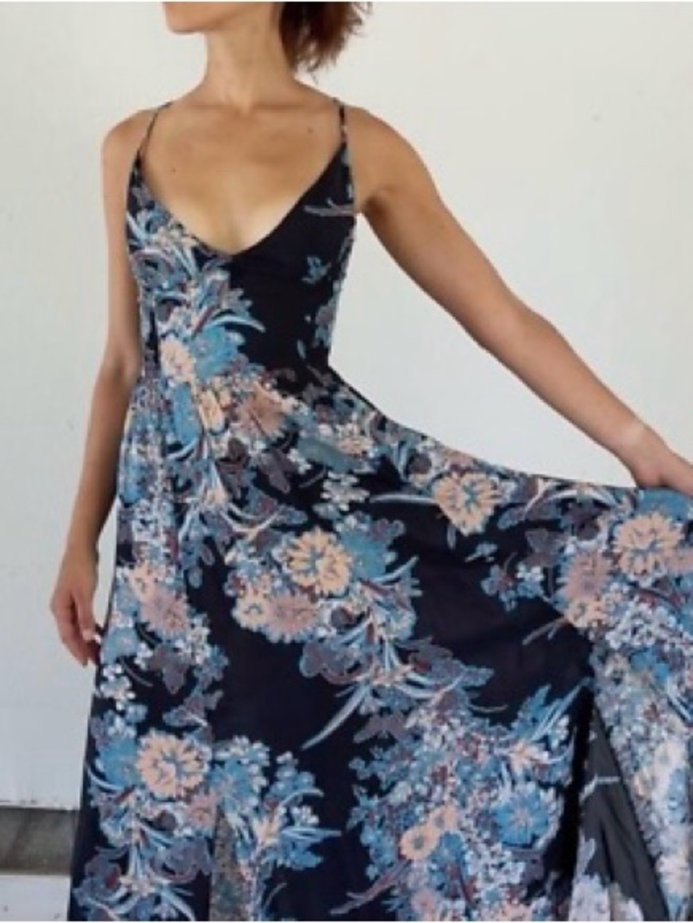 Free People XS Through The Vine Floral Smocked Side Slit Maxi Dress NWOT